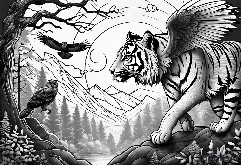 Tiger hunting a flying owl underneath a full moon in a forest tattoo idea