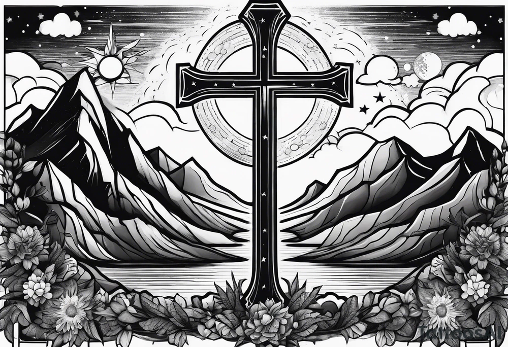 nature with mountains, waterfall, water, and a cross in the background and and moon/sun in the sky with stars tattoo idea
