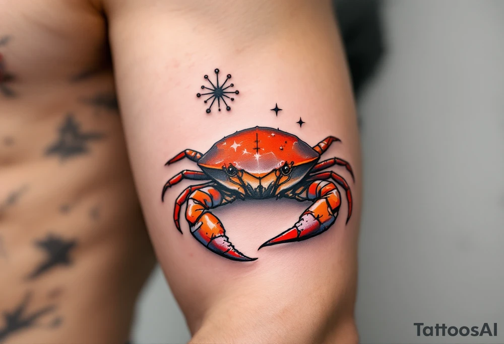 A realistic crab in rust red holds the Cancer star constellation in its claws against a cool gray background. tattoo idea