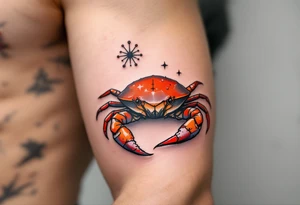 A realistic crab in rust red holds the Cancer star constellation in its claws against a cool gray background. tattoo idea