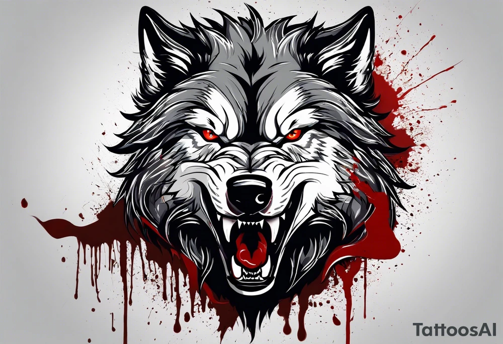 Create aggressive WOLF, with some blood coming out of his mouth and saliva. BLOOD IN THE BACKGROUND. Make it a drawing and use the image of reference. I am going to add. I want HIM TO BE ANGRY WITH RED EYES use VICIOUS WOLF THATS ANGRY tattoo idea