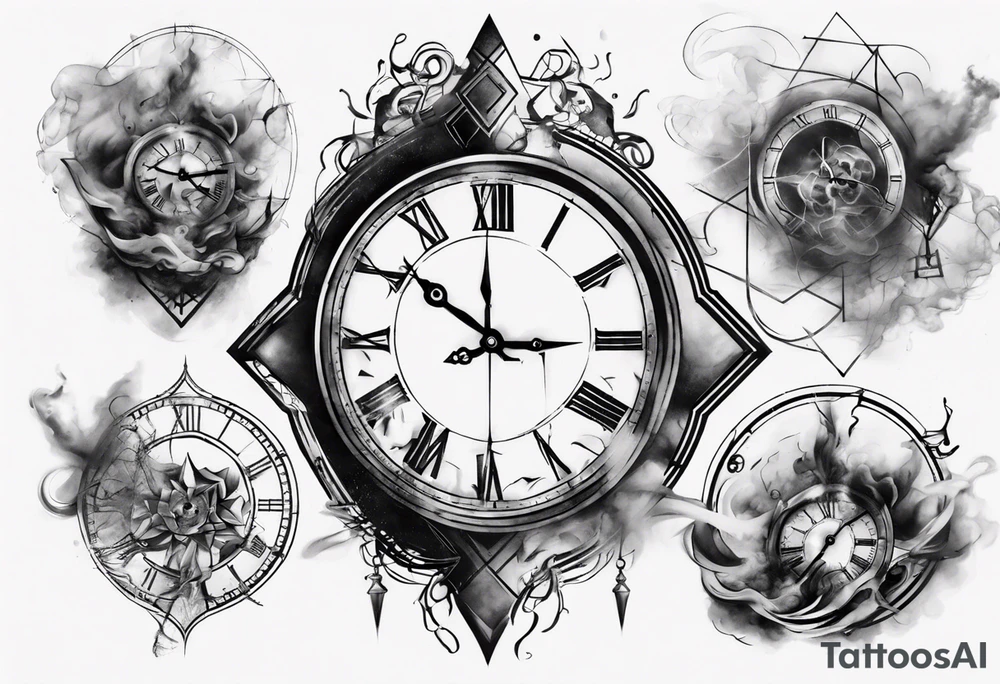 Geometric broken clock surrounded by smoke tattoo idea
