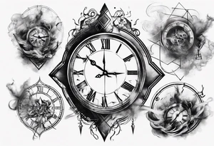 Geometric broken clock surrounded by smoke tattoo idea