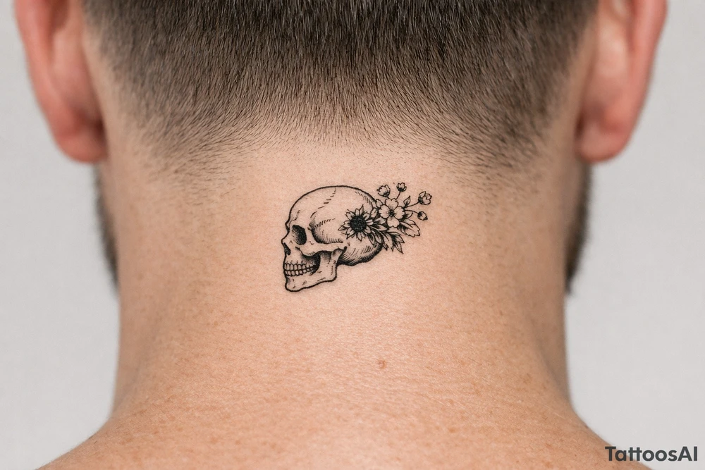 Human skull, side profile, bullet hole with wildflowers spilling from the back, realism. tattoo idea