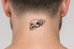 Human skull, side profile, bullet hole with wildflowers spilling from the back, realism. tattoo idea