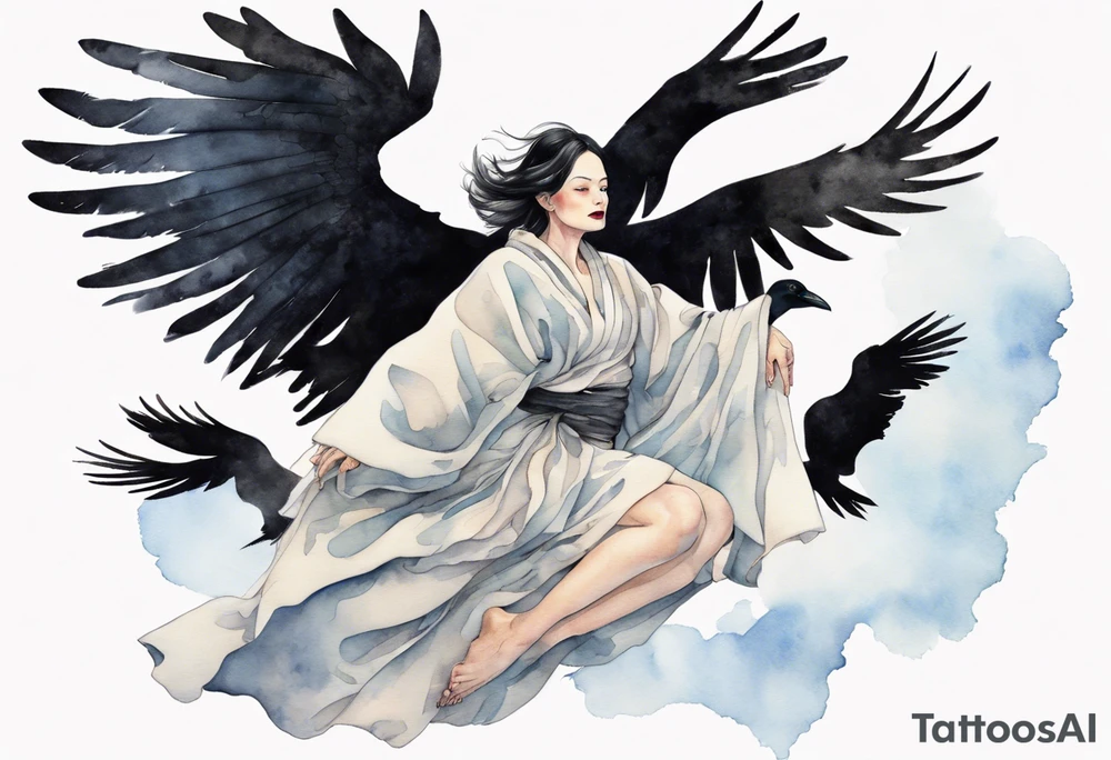 a beautiful 50 year old Dakota woman with pale skin wearing a black robe, flying in the sky with black raven wings, bare feet tattoo idea