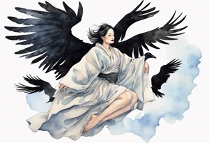 a beautiful 50 year old Dakota woman with pale skin wearing a black robe, flying in the sky with black raven wings, bare feet tattoo idea
