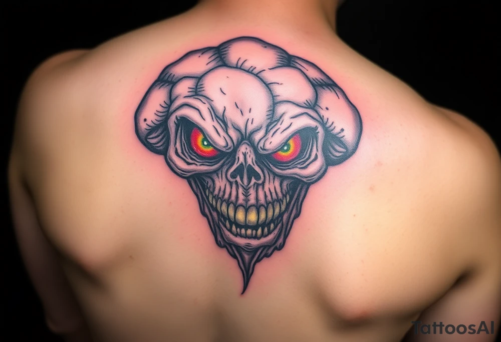*"A realistic yet caricature-style human-faced mushroom, sinister demonic expression, glowing hollow eyes, jagged teeth, and wrinkled skin texture. Dark fantasy theme, black and blood-red ink with subtle green shadows (like bioluminescent decay).
Small tattoo design (5-7 cm), intricate shading (cross-hatching and stippling), inspired by Victorian grotesque illustrations and Tim Burton's style. Do not make it cute; focus on horror and uncanny vibes."* tattoo idea
