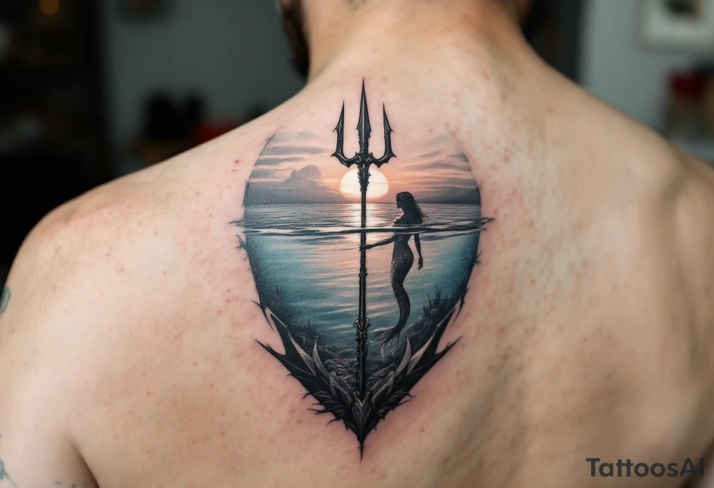 trident half way under calm water with sunset and mermaid tattoo idea