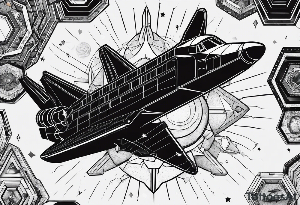black and white space shuttle on black background made of hexagons tattoo idea
