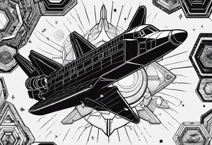 black and white space shuttle on black background made of hexagons tattoo idea