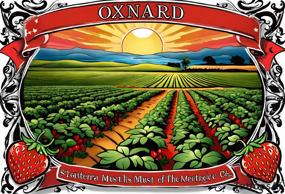 Tattoo of my hometown of Oxnard, CA
Tattoo must have strawberry fields meeting with ocean
Tattoo must have Oxnard coordinates
34.2236192,-119.1310264
Add in the sun on top of the fields/ocean
No barn house, add a Gondola style plaza 
Only in black and white tattoo idea