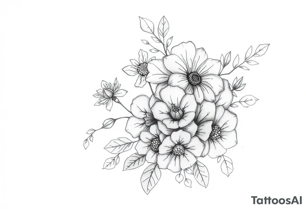 floral composition with japanese vibe, mutiple ornemental patern and leaf tattoo idea