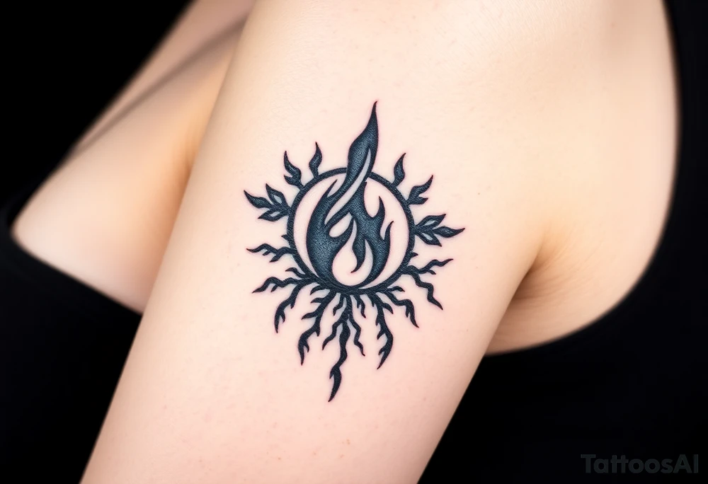 a flame imprisoned in a roots circle tattoo idea