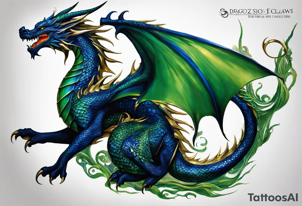 An epic with no wings floating. Its body coiling dynamically, with scales and horns detailed to create a sense of movement and strength. The dragon's main color is dark blue but features accents in green, blue, and gold, giving a vibrant depth and a mystical aura. This tattoo highlights the dragon’s fierce expression and sharp claws as it wraps protectively around the leg. Style: Realism tattoo idea