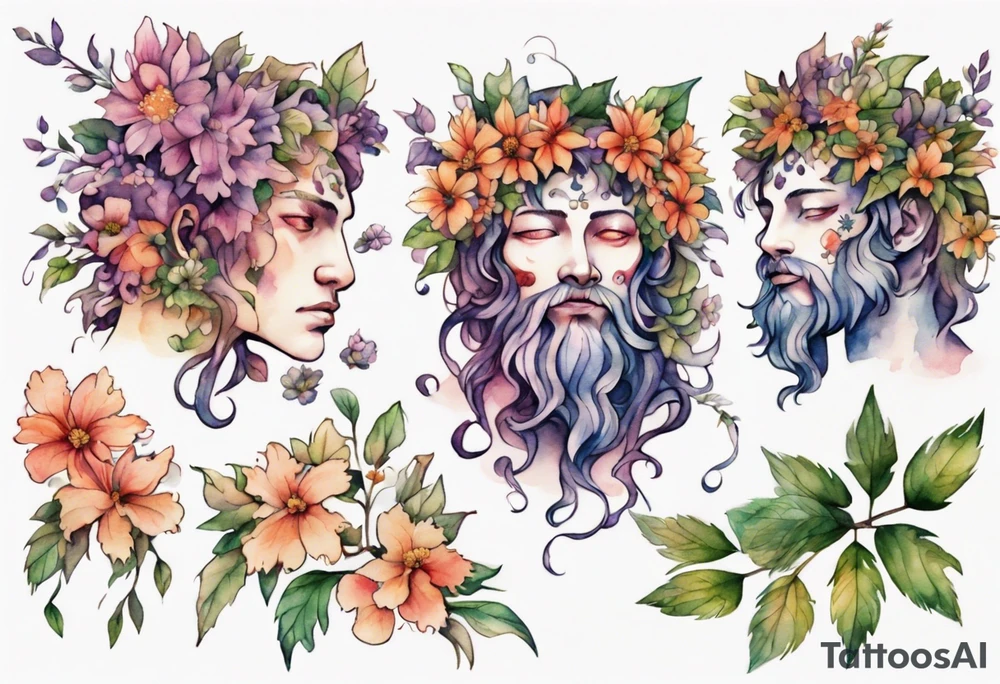 Dionysus covered in flowers and leaves tattoo idea