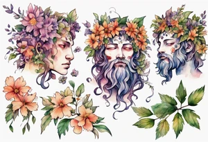 Dionysus covered in flowers and leaves tattoo idea