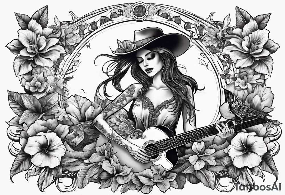 a female skeleton with hibiscus flower listening to a male skeleton play guitar . western style tattoo idea