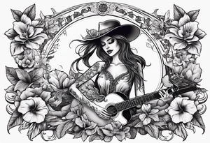 a female skeleton with hibiscus flower listening to a male skeleton play guitar . western style tattoo idea