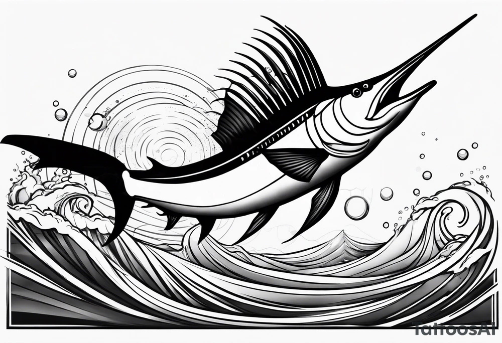 Sailfish, jumping out of the water geometric realistic traditional tattoo idea