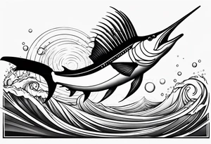 Sailfish, jumping out of the water geometric realistic traditional tattoo idea