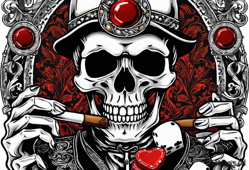 skeleton smoking cigar with poker chips, dealing the cards
"Don't deal with the devil" tattoo idea
