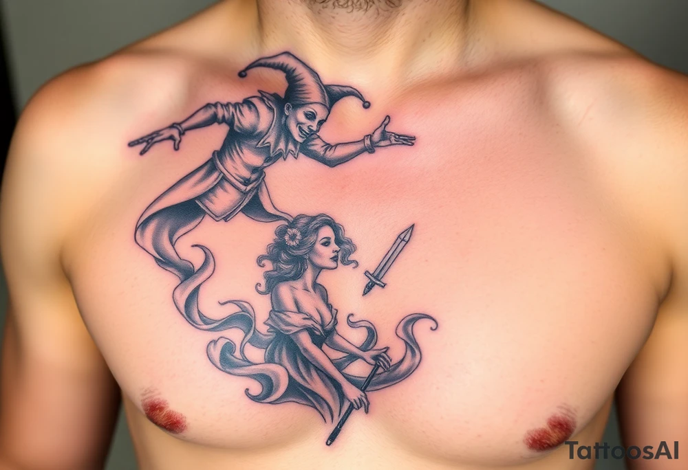 jester hovering over woman in smoke tattoo idea