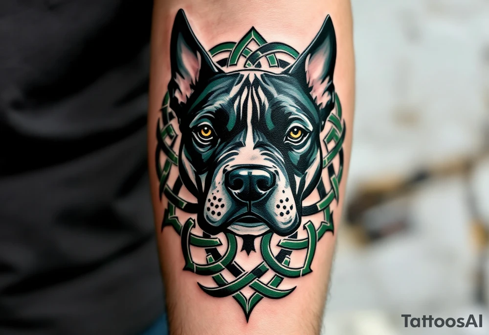 Celtic Stafford – A Staffordshire Bull Terrier head surrounded by intricate Celtic knots in dark green and black, symbolizing protection and heritage. tattoo idea