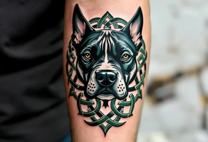 Celtic Stafford – A Staffordshire Bull Terrier head surrounded by intricate Celtic knots in dark green and black, symbolizing protection and heritage. tattoo idea