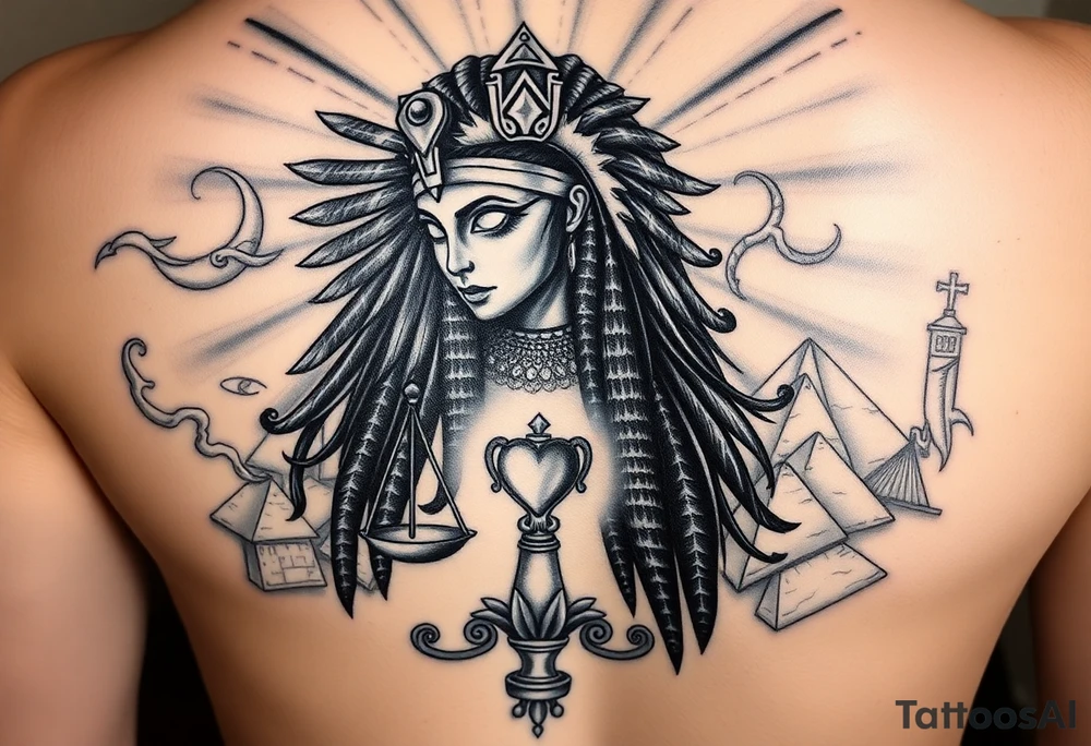 “Super realistic black and grey tattoo of the Egyptian goddess Ma’at, depicted as a regal woman with an ostrich feather headdress, intense glowing eyes, and intricate ancient Egyptian jewelry. She stands or floats amidst swirling cosmic energy and beams of light, with subtle hieroglyphics and pyramids in the background. Incorporate the Scales of Justice—one side holding a heart, the other Ma’at’s feather—glowing with ethereal energy. Emphasize dramatic lighting, deep shadows, and surreal, mystical atmosphere to match a sleeve with Anubis and cosmic motifs. Design should flow with existing sleeve art, using soft transitions and layered textures. tattoo idea