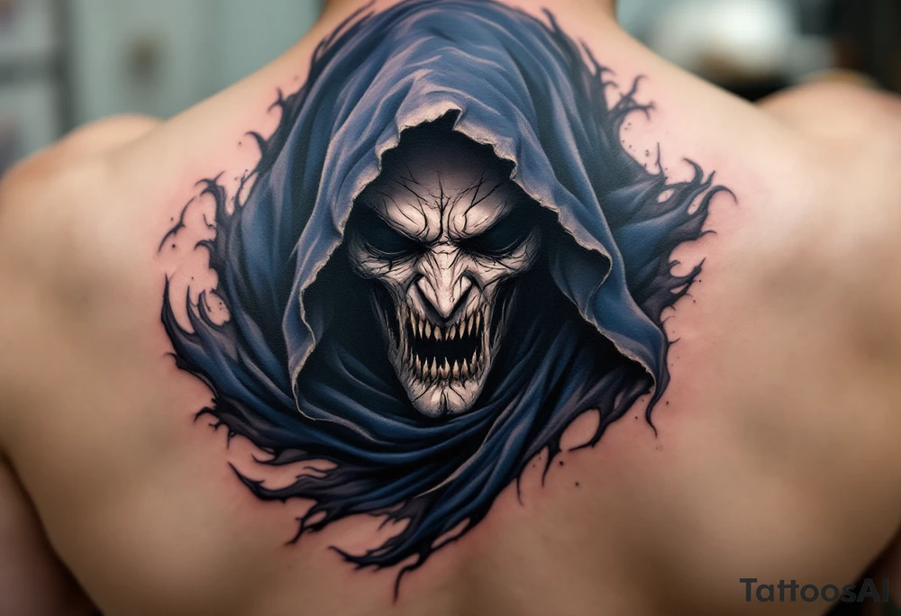 A grim face shaded in bone-white ink under a flowing midnight blue cloak. tattoo idea