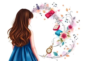 Back view of the silhouette of a brown hair girl in a blue dress. She is following a colorful swirl with music notes, books, and flowers. A pocket watch is at the end of the swirl. tattoo idea