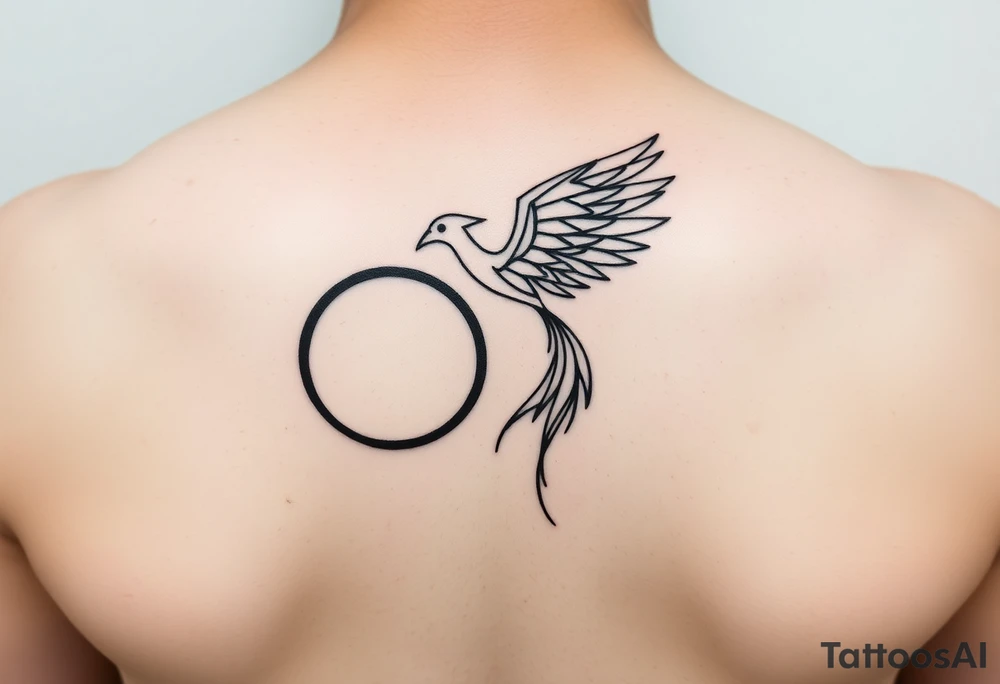 Infinity loop transforming into a geometric phoenix in flight. Smooth continuous black lines, minimalist, symbolic of transcending highs and lows and staying centered through all of life’s changes. Wings made of subtle triangles and flowing lines. Represents eternal resilience and emotional balance.

Vibe: emotional intelligence, grounded rebirth, quiet resilience.
Style tags to use: infinity symbol, geometric linework, minimalist, phoenix, continuous line tattoo. tattoo idea