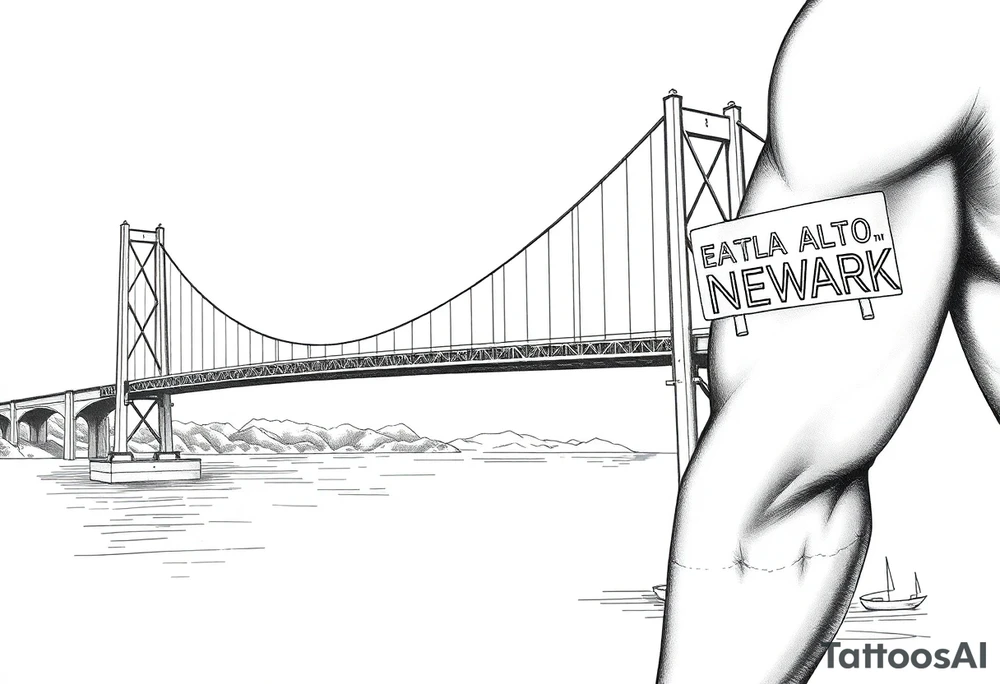 A bridge over water with two cities on the side. The city signs on the side of the bridge. East Palo Alto on the left and Newark on the right tattoo idea