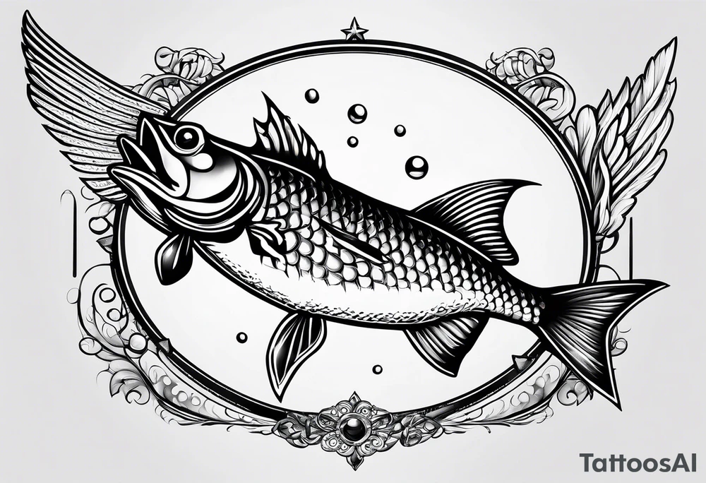fishing pole and hook with halo and wings tattoo idea