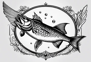 fishing pole and hook with halo and wings tattoo idea