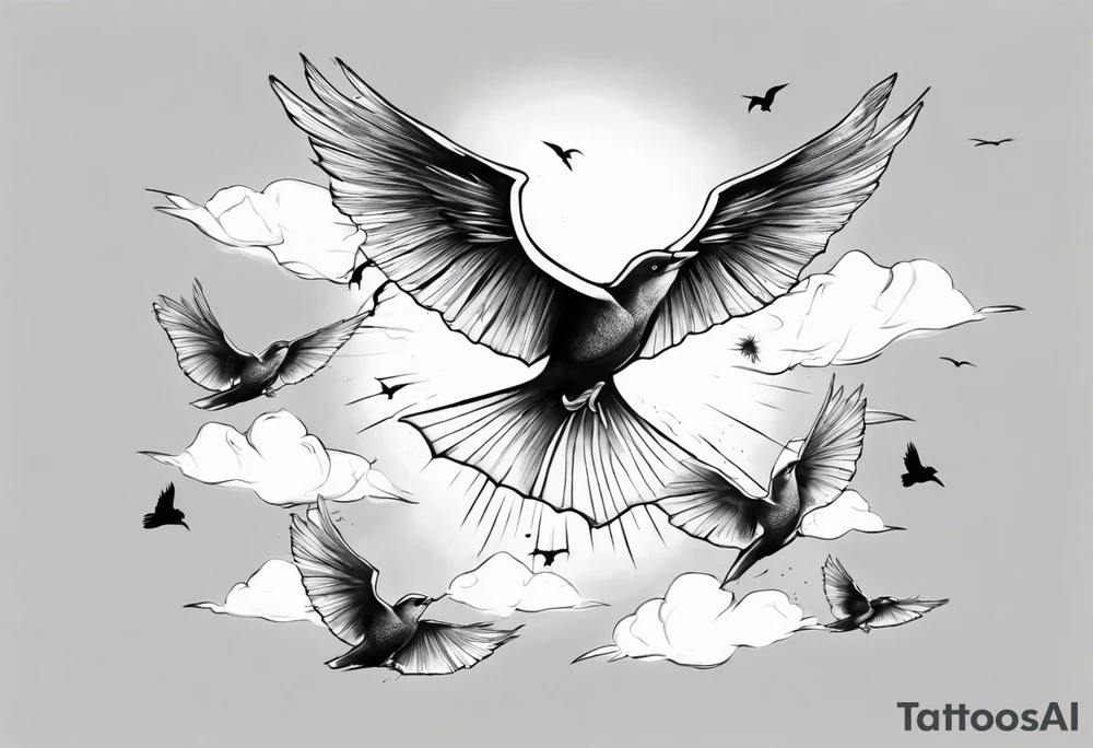 a shoulder tattoo with lots of rays of light in gradient, clouds and birds flying free tattoo idea