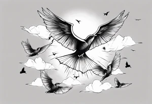 a shoulder tattoo with lots of rays of light in gradient, clouds and birds flying free tattoo idea