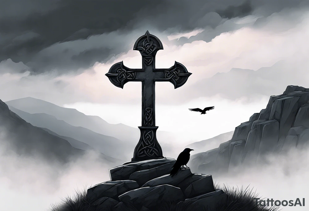 A stone Celtic cross solemnly standing atop a hill, a raven perches atop the cross staring out over the desolation. A ruined stone wall lies crumbling near the cross. Mist rolls along the hilltops adding to the melancholic nature of the scene tattoo idea
