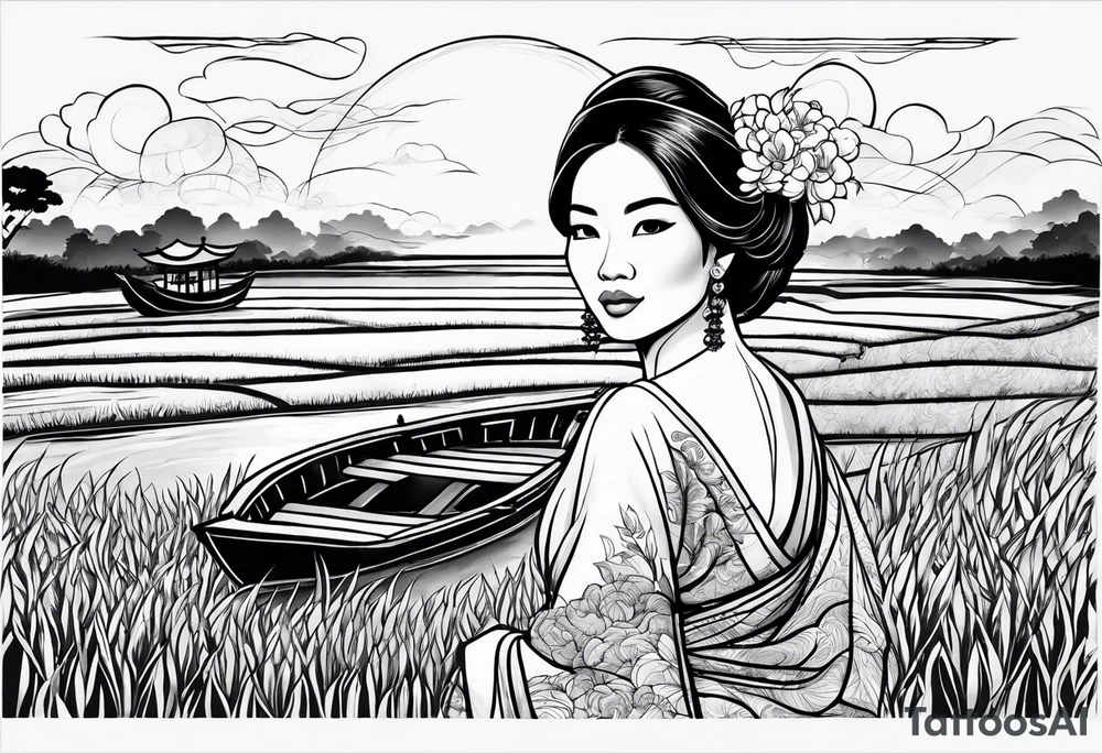 vietnamese lady on boat rice fields water sunset home clouds lanterns tattoo idea