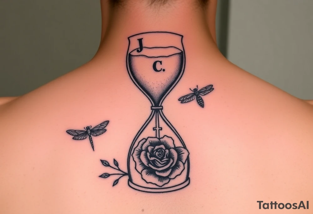 Hourglass with the letters J, A, C in the sand, skull, dragonfly, cross, black rose, and Ford emblem tied into each other tattoo idea