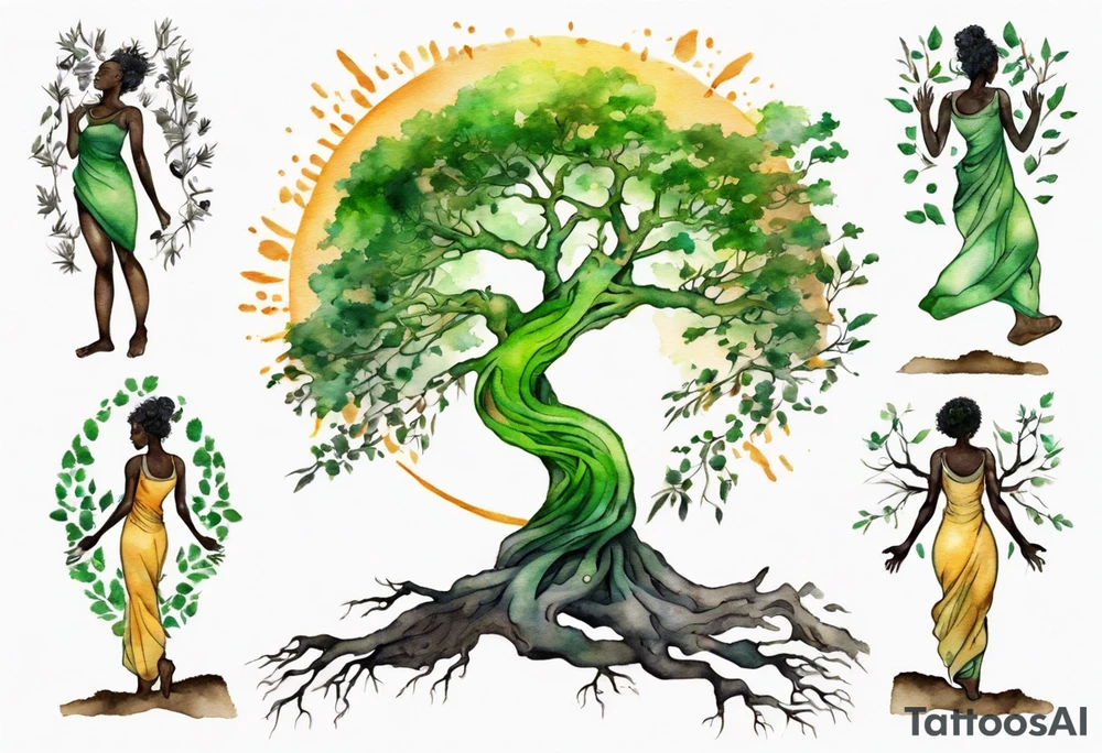 A tree woman with dark skin with green eyes with feet planted in the dirt and branch arms reaching up towards the sun tattoo idea