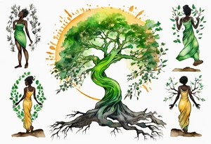 A tree woman with dark skin with green eyes with feet planted in the dirt and branch arms reaching up towards the sun tattoo idea