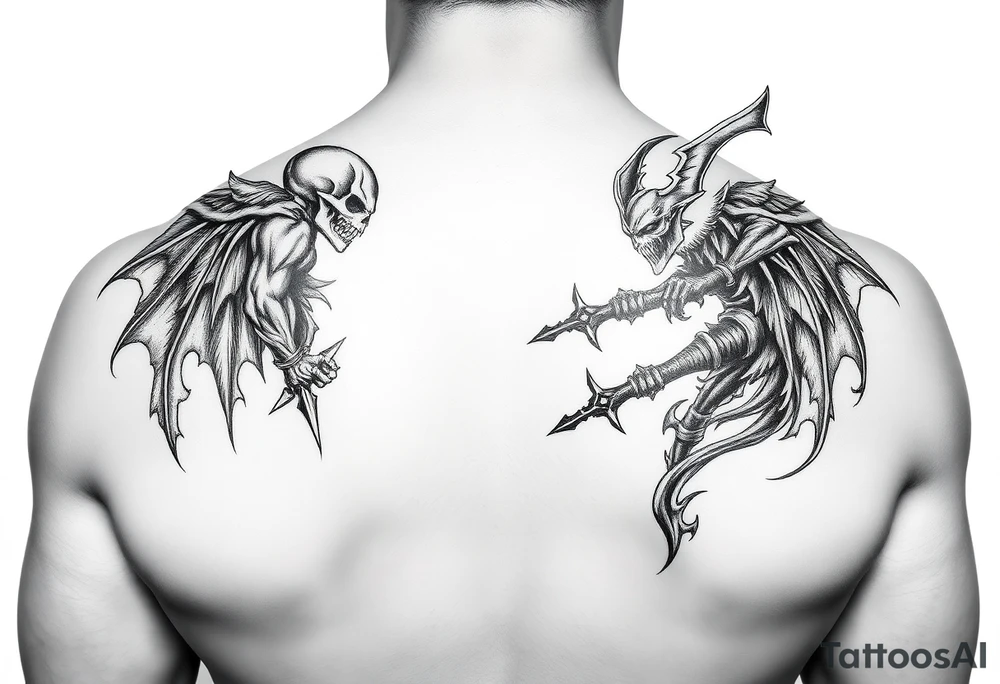 Good vs Evil battle entire back tattoo tattoo idea