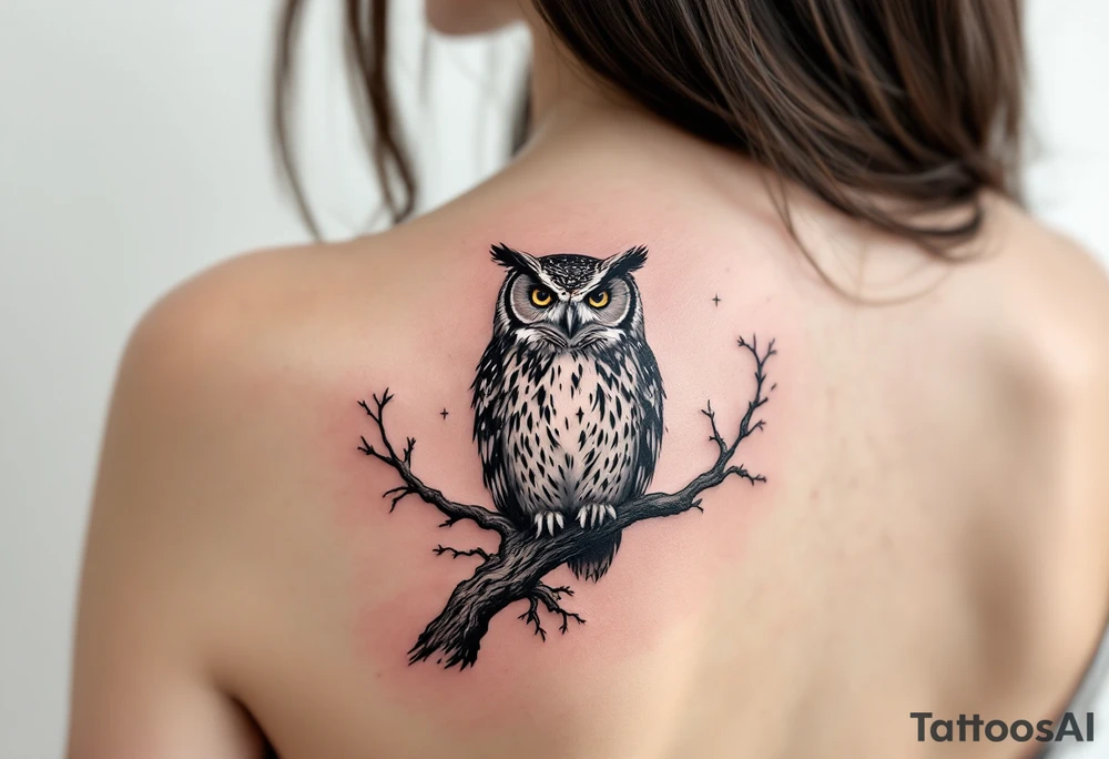 wise owl perched on ancient oak branch under starlit sky tattoo idea