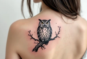 wise owl perched on ancient oak branch under starlit sky tattoo idea