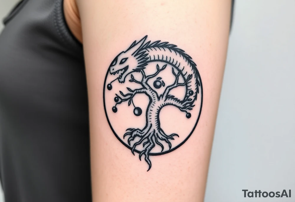 a dragon forming a circle with its body.  the dragon encircles the tree of life.   the tree of life has fruit  and the dragon is eating the fruit. the roots of the tree are strangling the tail of the dragon tattoo idea