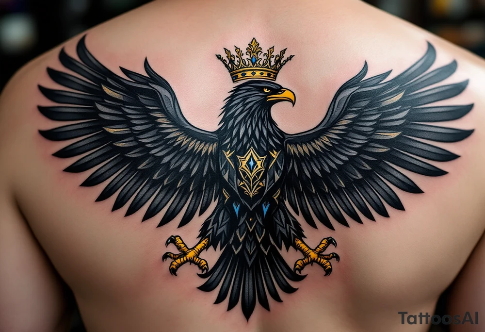 Majestic Silesian Eagle with Golden Crown – A powerful black Silesian eagle with outstretched wings, wearing a golden royal crown, symbolizing strength and heritage. The feathers have intricate detailing, with subtle blue and gold highlights to enhance its regal appearance. tattoo idea