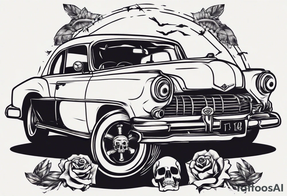 Old vintage car with skull in background tattoo idea