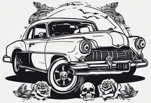 Old vintage car with skull in background tattoo idea